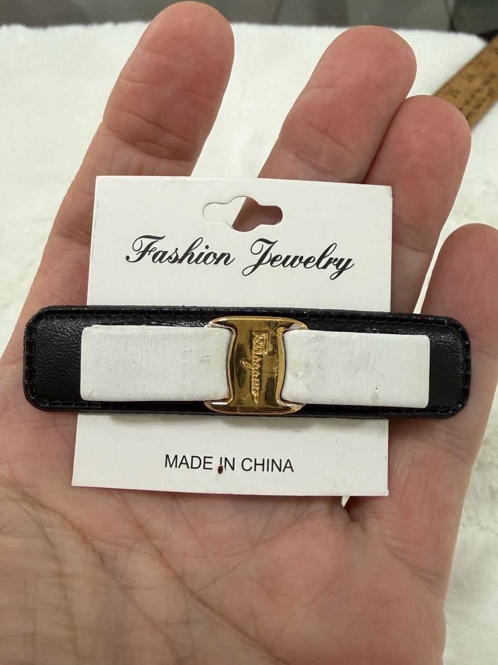 Ferragamo repurposed Black & White Leather bow Hair Clip with Gold Buckle